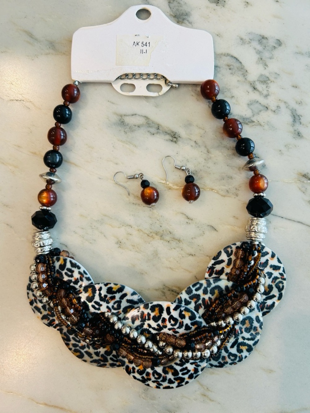 Leopard Print Statement Necklace and‎ Earring Set in Brown and Black